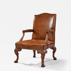 EARLY 20TH CENTURY WALNUT CARVED LEATHER UPHOLSTERY ARMCHAIR - 2833018