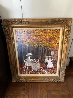 EERIE VICTORIAN MOTHER AND CHILDREN WITH BALLOON AND DOVES IN FOREST PAINTING - 2807476