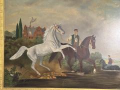 EUROPEAN ANTIQUE HORSES RIDERS ON RIVER BANK NEAR MANSION PAINTING - 4274090