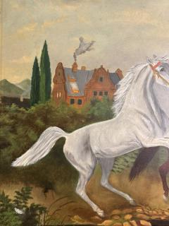 EUROPEAN ANTIQUE HORSES RIDERS ON RIVER BANK NEAR MANSION PAINTING - 4274094