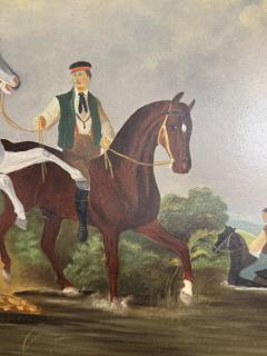 EUROPEAN ANTIQUE HORSES RIDERS ON RIVER BANK NEAR MANSION PAINTING - 4274100
