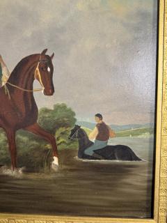 EUROPEAN ANTIQUE HORSES RIDERS ON RIVER BANK NEAR MANSION PAINTING - 4274105