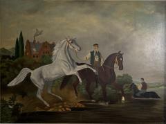 EUROPEAN ANTIQUE HORSES RIDERS ON RIVER BANK NEAR MANSION PAINTING - 4277174