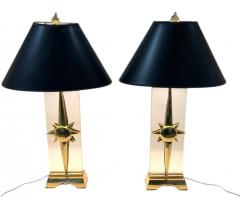 EXCEPTIONAL MODERNIST SCULPTED BRASS SUNBURST LUCITE LAMPS WITH FLAME FINIALS - 4537999