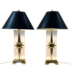 EXCEPTIONAL MODERNIST SCULPTED BRASS SUNBURST LUCITE LAMPS WITH FLAME FINIALS - 4566182