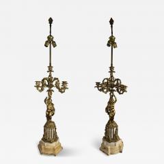 EXQUISITE FRENCH DORE BRONZE AND MARBLE CHERUB FIVE LIGHT CANDELABRA LAMPS - 4338206