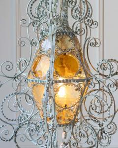 Early 1900s Italian Wrought Iron Lantern Light Green Finish Amber Glasses - 4641902