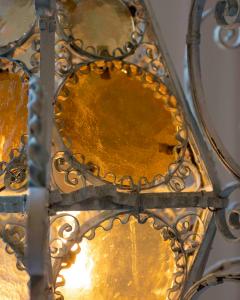 Early 1900s Italian Wrought Iron Lantern Light Green Finish Amber Glasses - 4641940