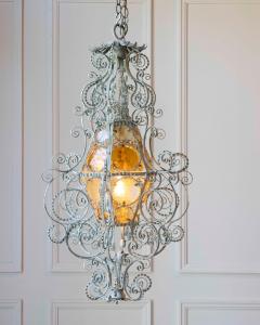 Early 1900s Italian Wrought Iron Lantern Light Green Finish Amber Glasses - 4641945