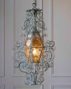 Early 1900s Italian Wrought Iron Lantern Light Green Finish Amber Glasses - 4641947