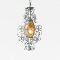 Early 1900s Italian Wrought Iron Lantern Light Green Finish Amber Glasses - 4642406
