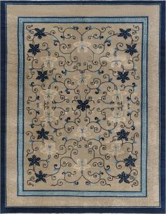 Early 20th Century Chinese Bold Botanic Beige Blue Handmade Wool Carpet - 2450020