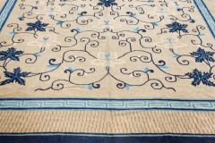 Early 20th Century Chinese Bold Botanic Beige Blue Handmade Wool Carpet - 2450022