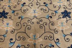 Early 20th Century Chinese Bold Botanic Beige Blue Handmade Wool Carpet - 2450023