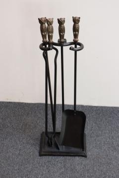Early 20th Century Iron Fire Tool Set with Cast Brass Owl Form Handles - 4380464