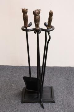 Early 20th Century Iron Fire Tool Set with Cast Brass Owl Form Handles - 4380466
