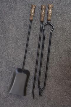 Early 20th Century Iron Fire Tool Set with Cast Brass Owl Form Handles - 4380469