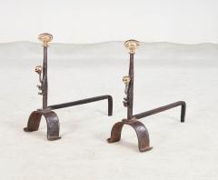 Early Blacksmith Forged Andirons with Polished Bronze Finials - 3729774