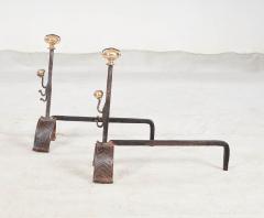 Early Blacksmith Forged Andirons with Polished Bronze Finials - 3729780
