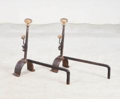 Early Blacksmith Forged Andirons with Polished Bronze Finials - 3729782