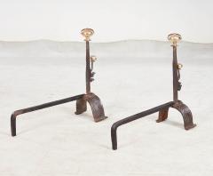 Early Blacksmith Forged Andirons with Polished Bronze Finials - 3729783