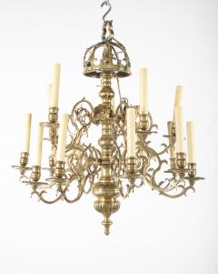 Early Brass 14 Arm Two Tier Chandelier with Original Reflectors - 2104387