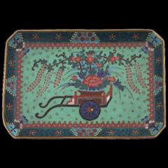 Early Meiji Japanese Cloisonne Green Enamel Tray with Wagon Blossoming Wisteria - 3903617