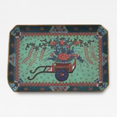 Early Meiji Japanese Cloisonne Green Enamel Tray with Wagon Blossoming Wisteria - 3931353