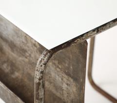 Early Modernist Desk Side Table Nickel Patina Opaline Top France c 1920 - 3590081