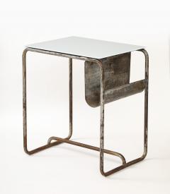 Early Modernist Desk Side Table Nickel Patina Opaline Top France c 1920 - 3590176