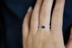 East West Natural Oval Cut Blue Sapphire and Diamond 18K White Gold Textured - 3513213