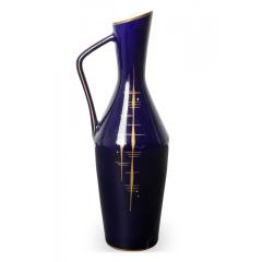 Echt Kobalt German Mid Century Feathered Vertical Gold Line Design Deep Blue Gla - 4742151