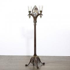 Edgar Brandt Art Deco Bronze Brass Floor Lamp W Frosted Glass Shades Signed Edgar Brandt - 3926223