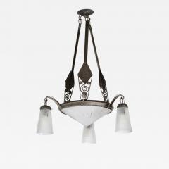 Edgar Brandt Art Deco Cubist Wrought Iron Frosted Glass Chandelier Manner of Edgar Brandt - 1803973