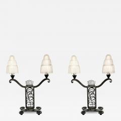 Edgar Brandt Pair of French Art Deco Table Lamps by Edgar Brandt Waterfall Sabino Shades - 4016956