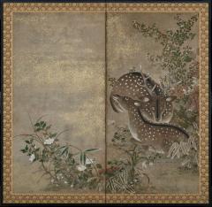 Edo period Japanese Screen Spotted Deer and Autumn Flowers - 4533077