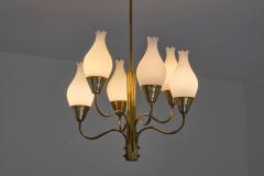 Edvard Hagman Exceptional Edvard Hagman Six Arm Chandelier Brass and Opal Glass Sweden 1956 - 4239100