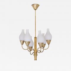 Edvard Hagman Exceptional Edvard Hagman Six Arm Chandelier Brass and Opal Glass Sweden 1956 - 4241987
