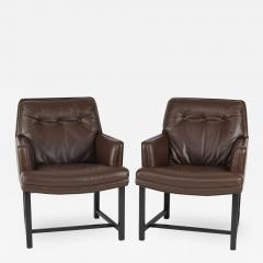 Edward Wormley Edward Wormley Pair of Arm Chairs in Leather with Mahogany Bases 1960s Signed  - 1953395