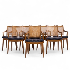 Edward Wormley Edward Wormley for Dunbar Mid Century Walnut and Cane Dining Chairs Set of 8 - 4710763