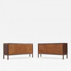 Edward Wormley Mid Century Curved Front Burlwood Mahogany and Brass Credenza Pair - 3506088