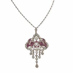 Edwardian Diamond and Plique jour Enamel Pendant Necklace - 3349191