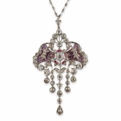 Edwardian Diamond and Plique jour Enamel Pendant Necklace - 3349195