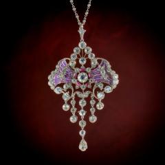 Edwardian Diamond and Plique jour Enamel Pendant Necklace - 3349197