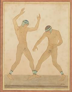 Edwardian Neoclassical Hand Colored Engraving of Wrestlers England circa 1900 - 3929326