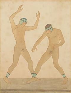 Edwardian Neoclassical Hand Colored Engraving of Wrestlers England circa 1900 - 3929535