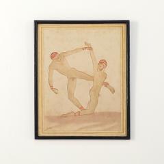 Edwardian Neoclassical Hand Colored Engraving of Wrestlers England circa 1900 - 3929385