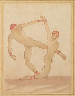 Edwardian Neoclassical Hand Colored Engraving of Wrestlers England circa 1900 - 3929389