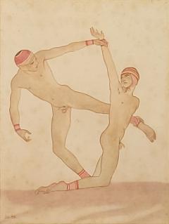 Edwardian Neoclassical Hand Colored Engraving of Wrestlers England circa 1900 - 3929533