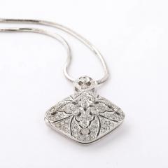 Edwardian Style 14K White Gold Pave Diamond Locket Pendant Necklace - 4720286